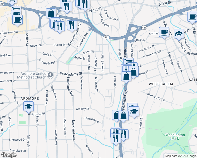 map of restaurants, bars, coffee shops, grocery stores, and more near 1514 West Academy Street in Winston-Salem