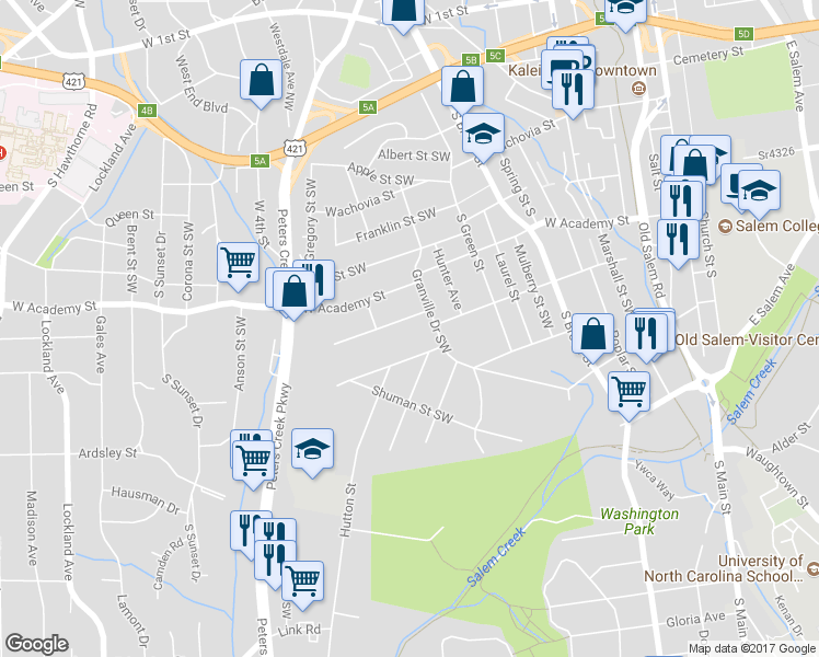 map of restaurants, bars, coffee shops, grocery stores, and more near 1018 Crestwood Drive Southwest in Winston-Salem