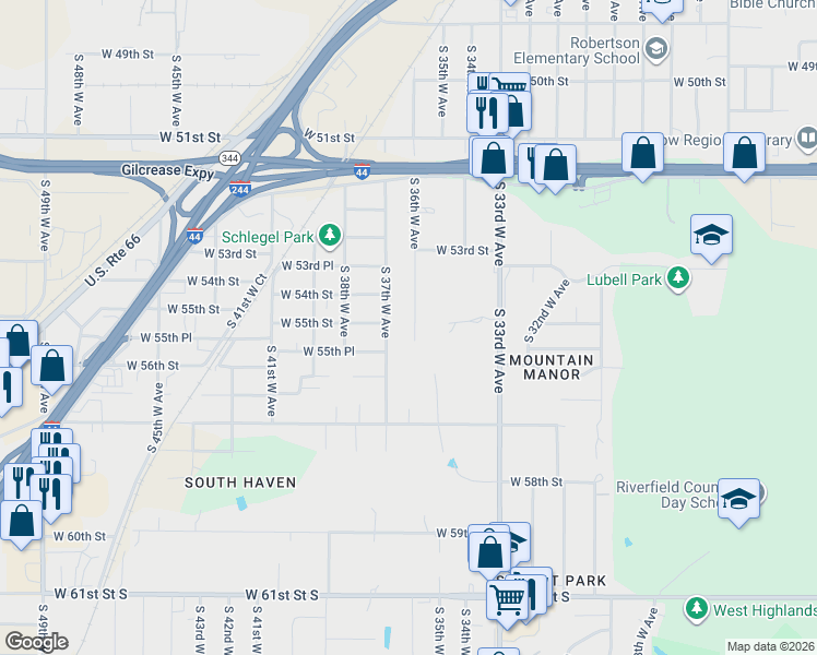 map of restaurants, bars, coffee shops, grocery stores, and more near 5372 South 36th West Avenue in Tulsa