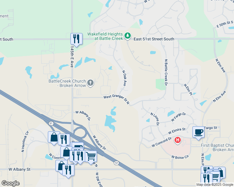 map of restaurants, bars, coffee shops, grocery stores, and more near 3000 North Oak Avenue in Broken Arrow