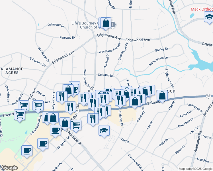 map of restaurants, bars, coffee shops, grocery stores, and more near 311 Oakland Drive in Burlington