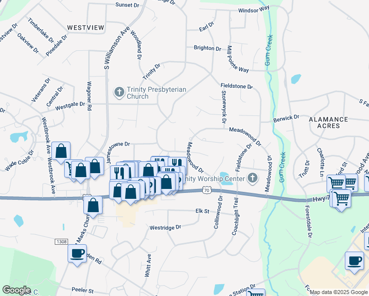 map of restaurants, bars, coffee shops, grocery stores, and more near 631 Meadowood Drive in Burlington