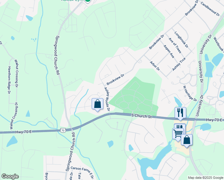 map of restaurants, bars, coffee shops, grocery stores, and more near 103 Alyssa Drive in Gibsonville