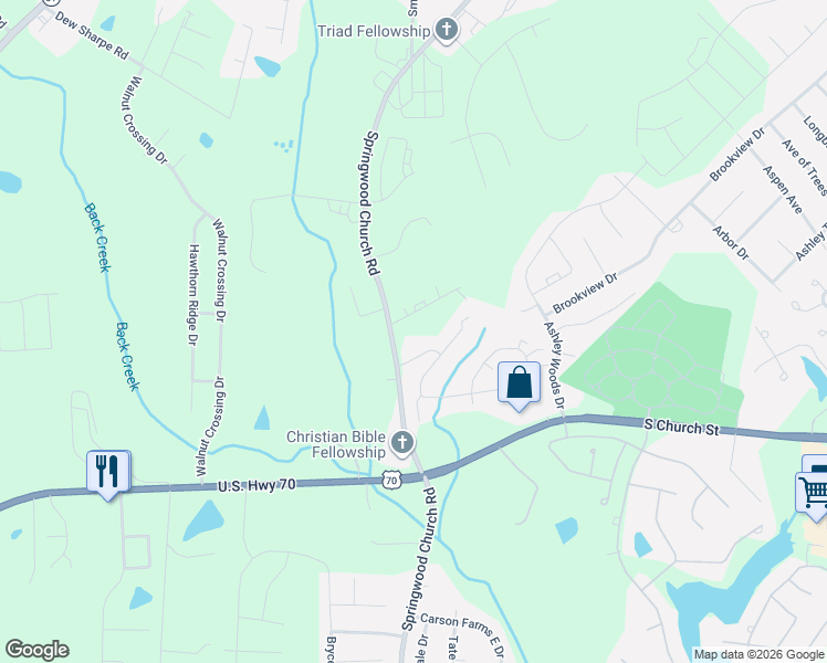map of restaurants, bars, coffee shops, grocery stores, and more near 1261 Springwood Church Road in Gibsonville