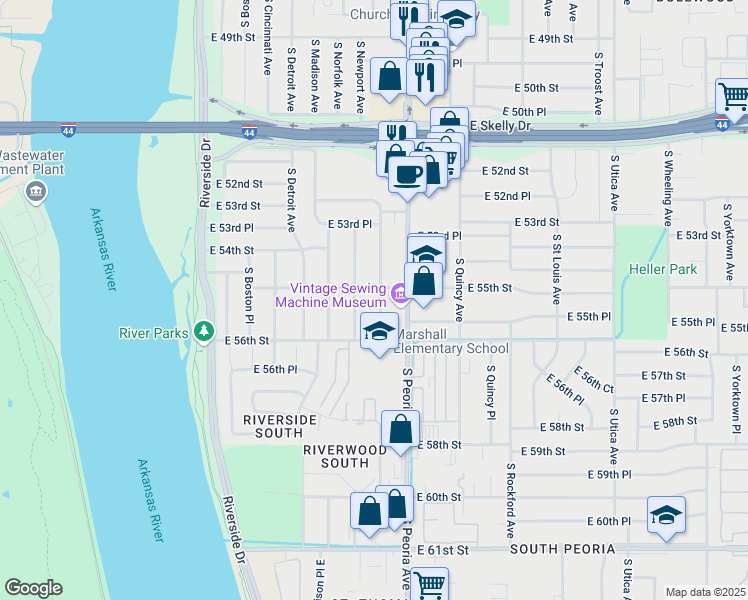 map of restaurants, bars, coffee shops, grocery stores, and more near 5510 South Owasso Avenue in Tulsa