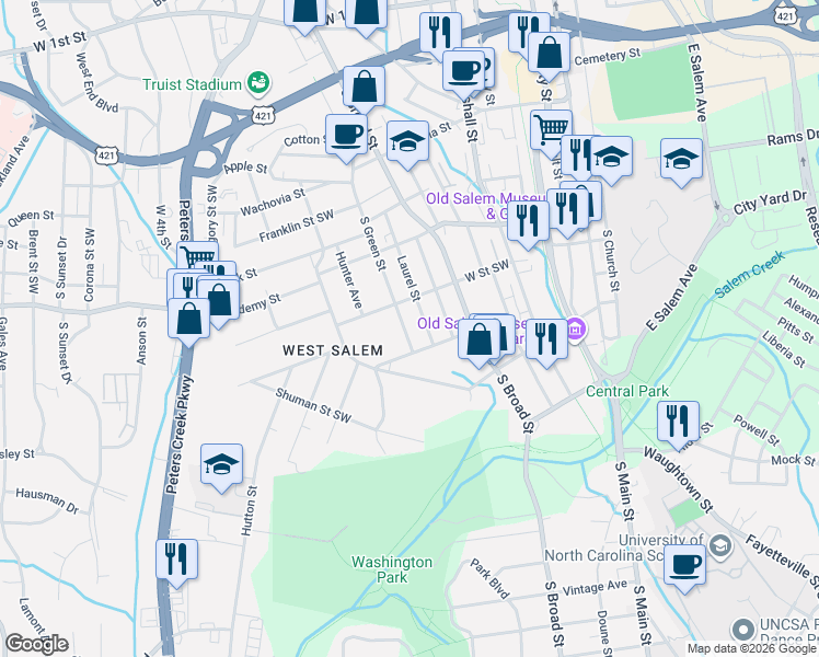 map of restaurants, bars, coffee shops, grocery stores, and more near 730 Laurel Street in Winston-Salem
