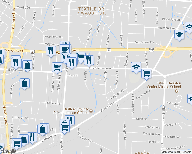 map of restaurants, bars, coffee shops, grocery stores, and more near 3301 Beck Street in Greensboro