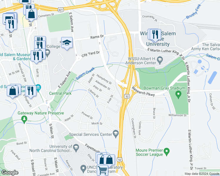 map of restaurants, bars, coffee shops, grocery stores, and more near 711 Alexander Street in Winston-Salem