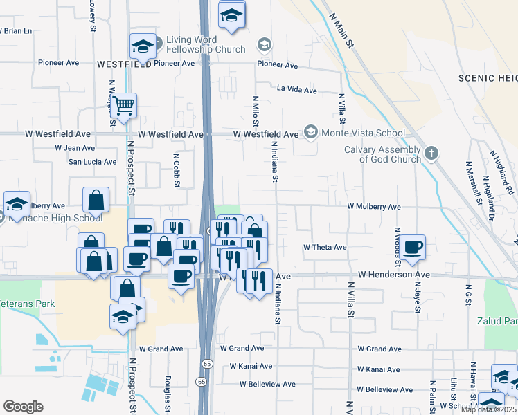 map of restaurants, bars, coffee shops, grocery stores, and more near 810 West Mulberry Avenue in Porterville