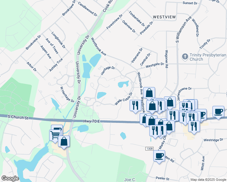 map of restaurants, bars, coffee shops, grocery stores, and more near 3860 Wesley Court in Burlington