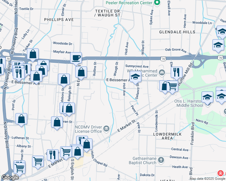 map of restaurants, bars, coffee shops, grocery stores, and more near 3301 Beck Street in Greensboro