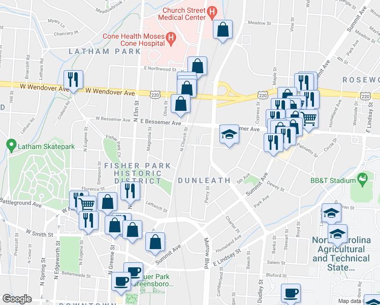 map of restaurants, bars, coffee shops, grocery stores, and more near 765 Chestnut Street in Greensboro