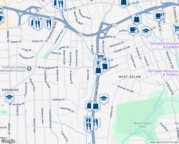 map of restaurants, bars, coffee shops, grocery stores, and more near 1242 West Academy Street in Winston-Salem