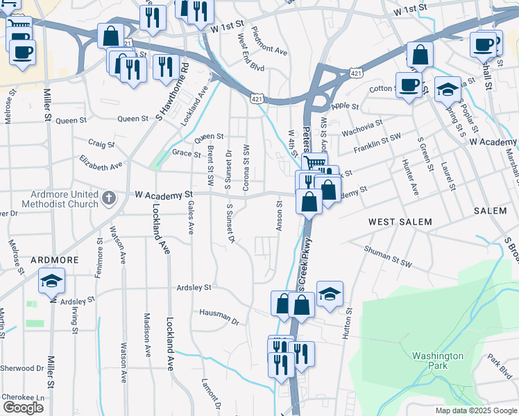 map of restaurants, bars, coffee shops, grocery stores, and more near 1400 West Academy Street in Winston-Salem