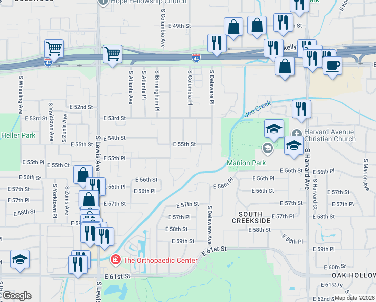 map of restaurants, bars, coffee shops, grocery stores, and more near 5512 Columbia Court in Tulsa