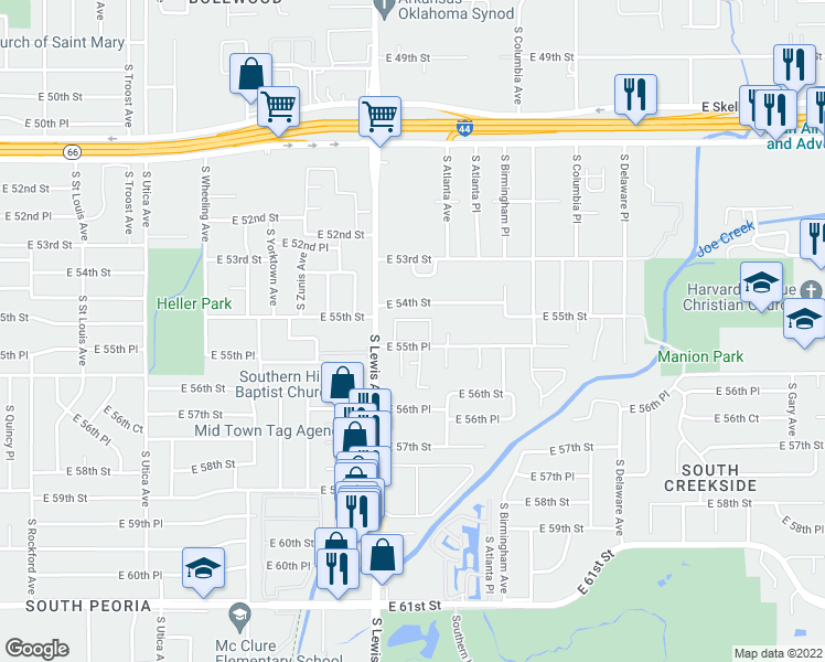 map of restaurants, bars, coffee shops, grocery stores, and more near 2411 East 55th Place in Tulsa