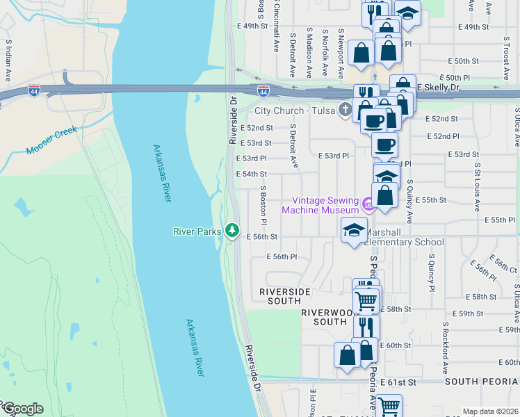map of restaurants, bars, coffee shops, grocery stores, and more near 5449 South Boston Avenue in Tulsa
