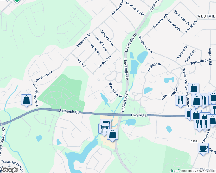 map of restaurants, bars, coffee shops, grocery stores, and more near Channing Court in Burlington