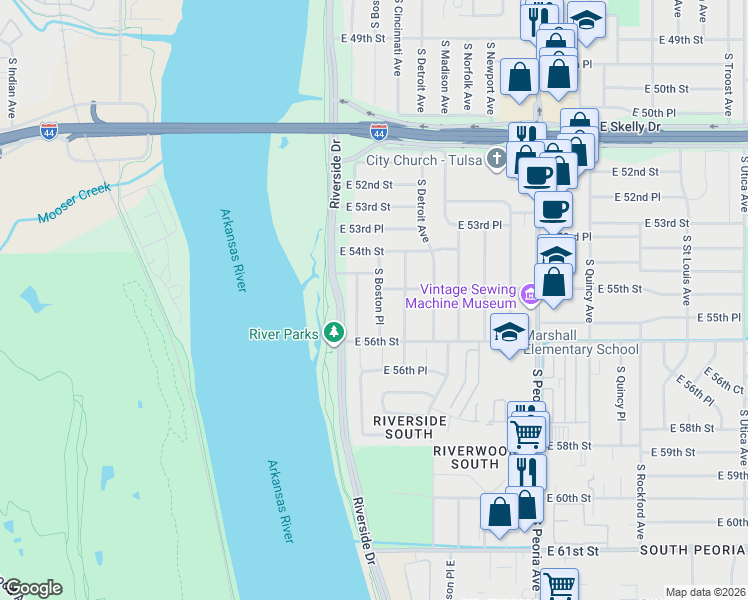 map of restaurants, bars, coffee shops, grocery stores, and more near 5449 South Boston Avenue in Tulsa