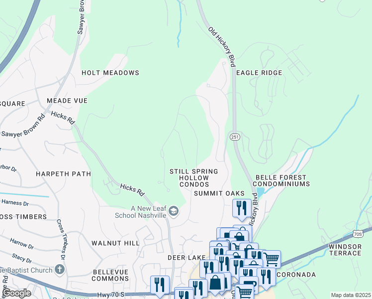 map of restaurants, bars, coffee shops, grocery stores, and more near 7199 Still Spring Hollow D in Nashville