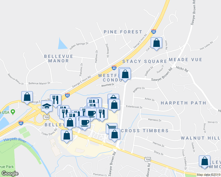map of restaurants, bars, coffee shops, grocery stores, and more near 223 Westfield Dr in Nashville
