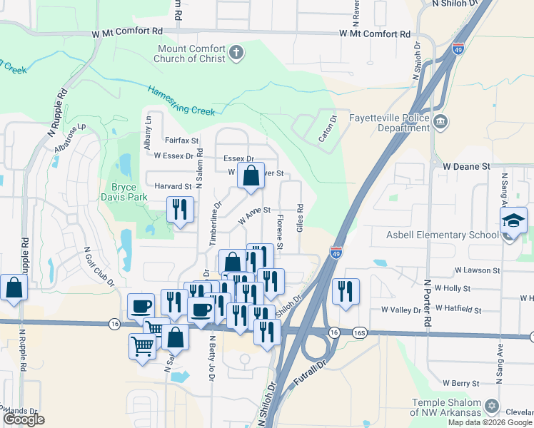 map of restaurants, bars, coffee shops, grocery stores, and more near 3055 West Anne Street in Fayetteville