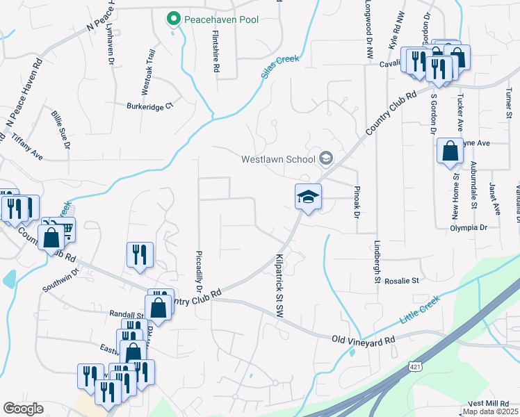 map of restaurants, bars, coffee shops, grocery stores, and more near 203 Tipperary Lane Northwest in Winston-Salem