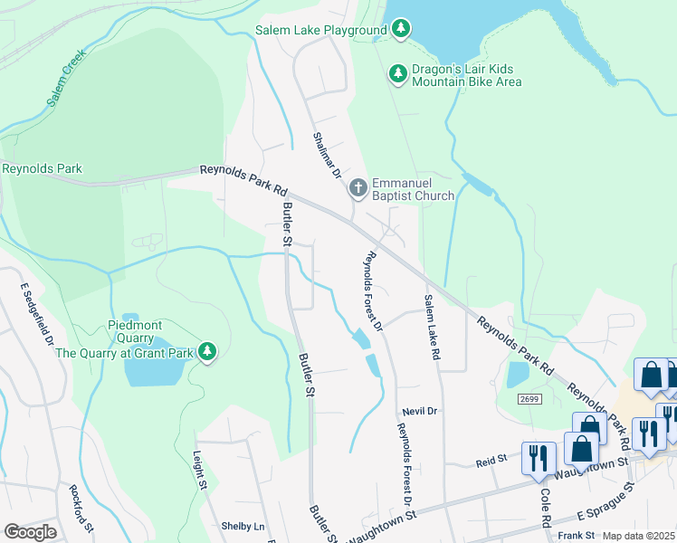 map of restaurants, bars, coffee shops, grocery stores, and more near 2718 Reynolds Park Road in Winston-Salem