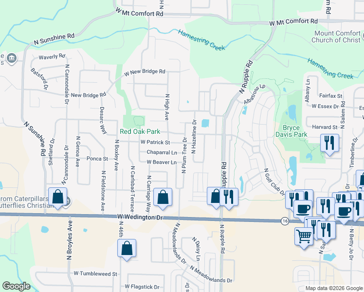 map of restaurants, bars, coffee shops, grocery stores, and more near 4245 West Patrick Street in Fayetteville