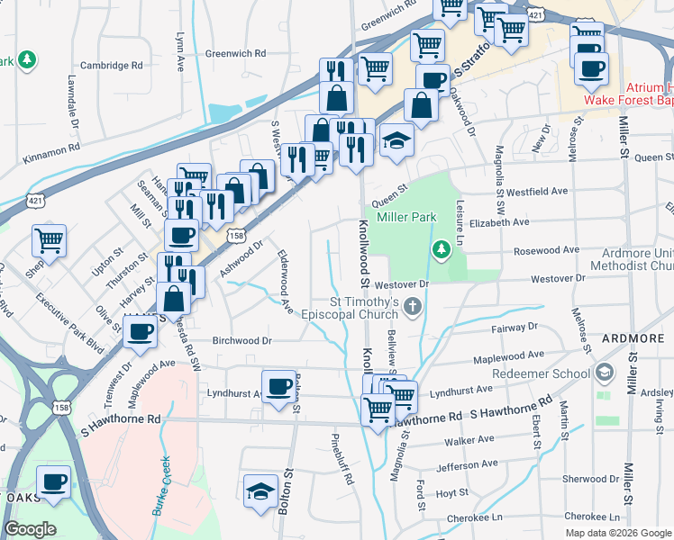 map of restaurants, bars, coffee shops, grocery stores, and more near 736 Ashview Drive in Winston-Salem