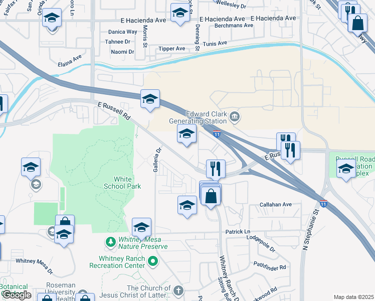 map of restaurants, bars, coffee shops, grocery stores, and more near 5300 East Russell Road in Las Vegas