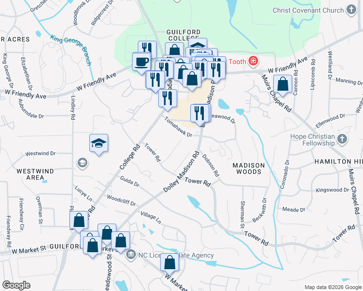 map of restaurants, bars, coffee shops, grocery stores, and more near 312 Anchor Drive in Greensboro