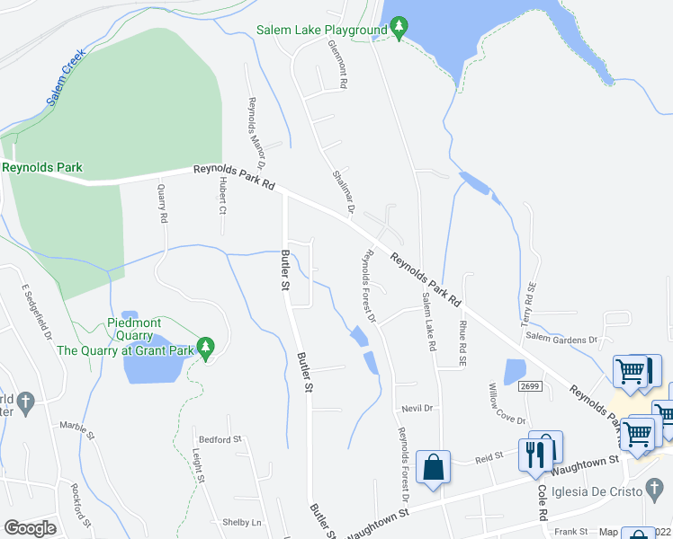 map of restaurants, bars, coffee shops, grocery stores, and more near 2718 Reynolds Park Road in Winston-Salem