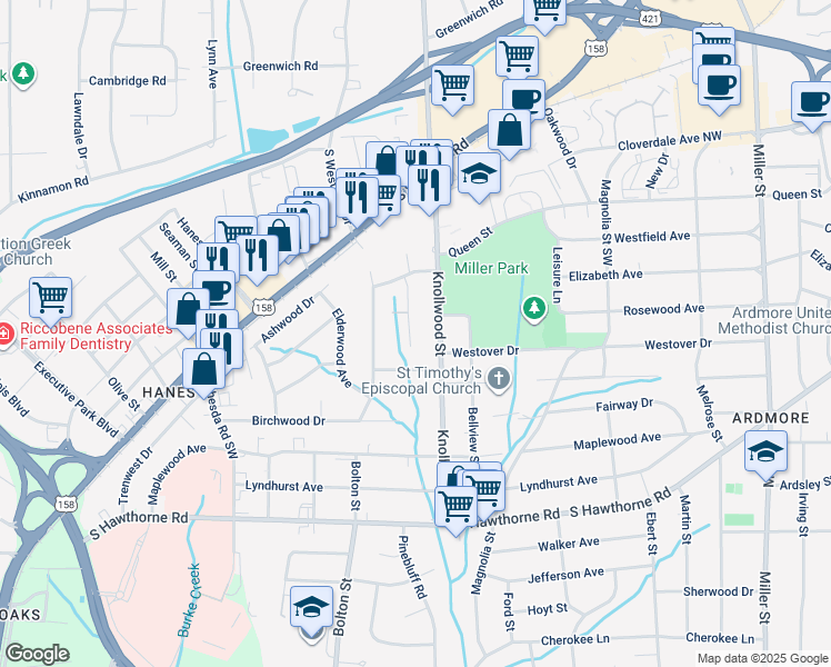 map of restaurants, bars, coffee shops, grocery stores, and more near 743 Ashview Drive in Winston-Salem