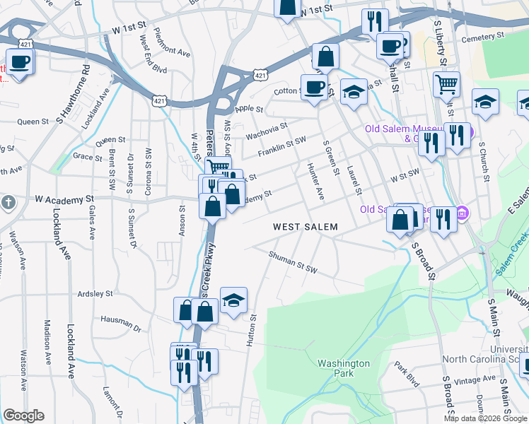 map of restaurants, bars, coffee shops, grocery stores, and more near 1103 Crestwood Drive Southwest in Winston-Salem