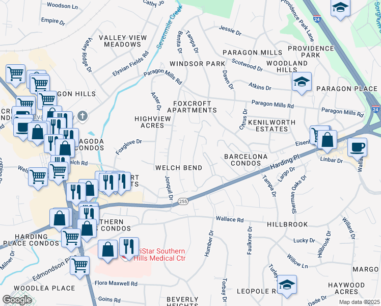map of restaurants, bars, coffee shops, grocery stores, and more near 587 Whispering Oaks Place in Nashville
