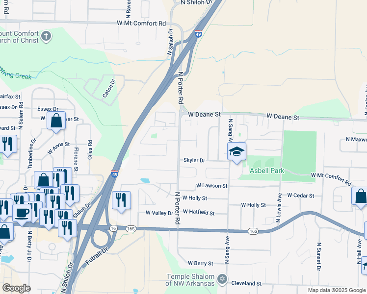 map of restaurants, bars, coffee shops, grocery stores, and more near 1600 North Porter Road in Fayetteville