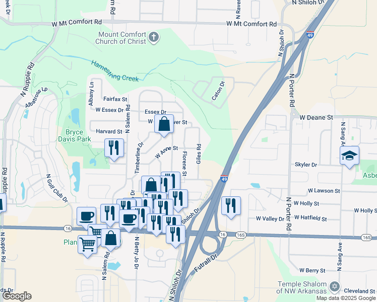 map of restaurants, bars, coffee shops, grocery stores, and more near 2993 North Florene Street in Fayetteville