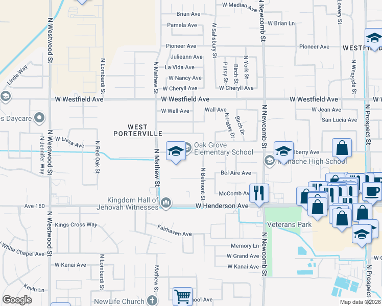 map of restaurants, bars, coffee shops, grocery stores, and more near 1873 West Mulberry Avenue in Porterville