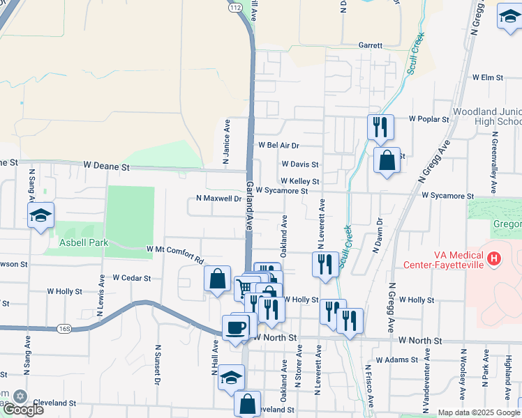 map of restaurants, bars, coffee shops, grocery stores, and more near 1068 West Hickory Street in Fayetteville