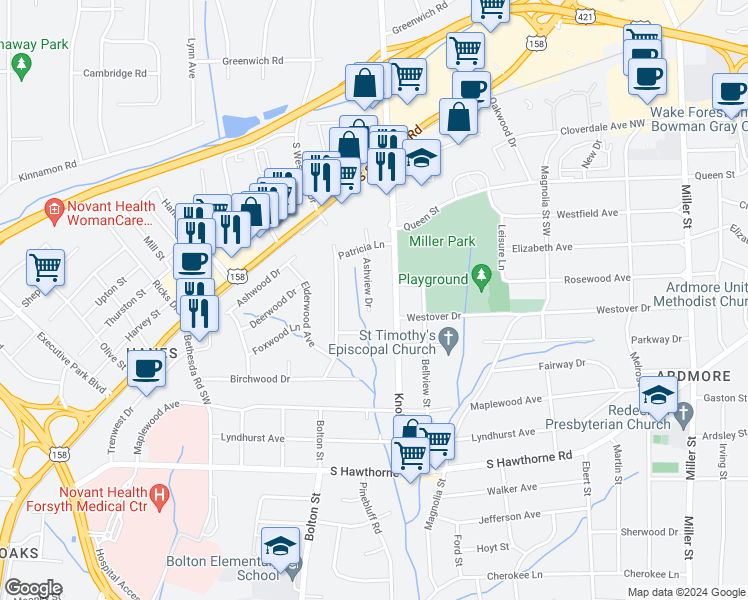 map of restaurants, bars, coffee shops, grocery stores, and more near 743 Ashview Drive in Winston-Salem
