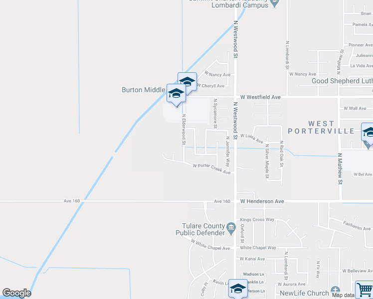 map of restaurants, bars, coffee shops, grocery stores, and more near 1002 North Elderwood Street in Porterville