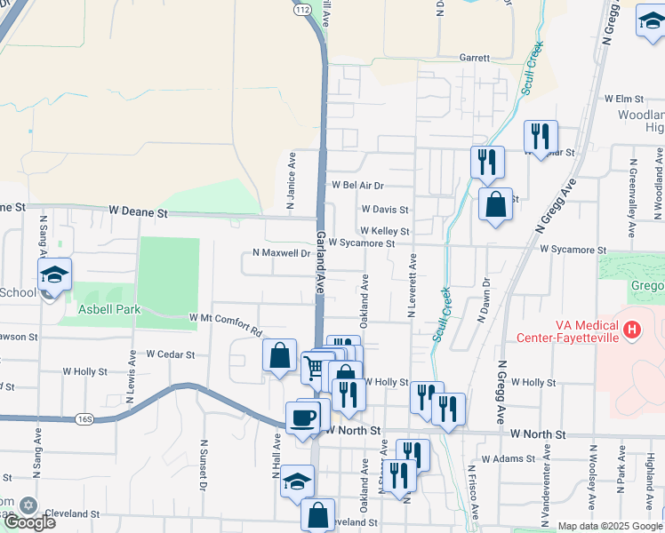 map of restaurants, bars, coffee shops, grocery stores, and more near 1070 West Hickory Street in Fayetteville
