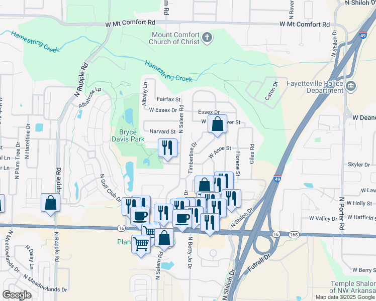map of restaurants, bars, coffee shops, grocery stores, and more near 1607 Timberline Drive in Fayetteville