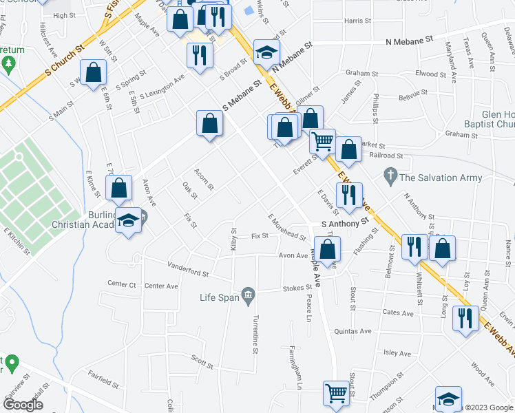 map of restaurants, bars, coffee shops, grocery stores, and more near 801 East Morehead Street in Burlington