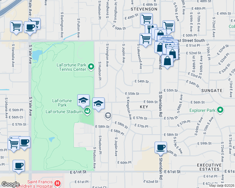 map of restaurants, bars, coffee shops, grocery stores, and more near 5924 East 55th Street in Tulsa