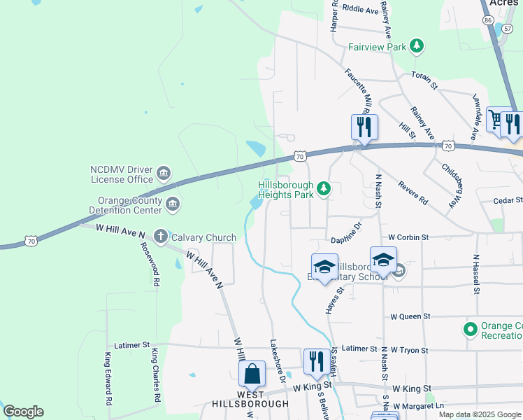 map of restaurants, bars, coffee shops, grocery stores, and more near 615 Lakeshore Drive in Hillsborough