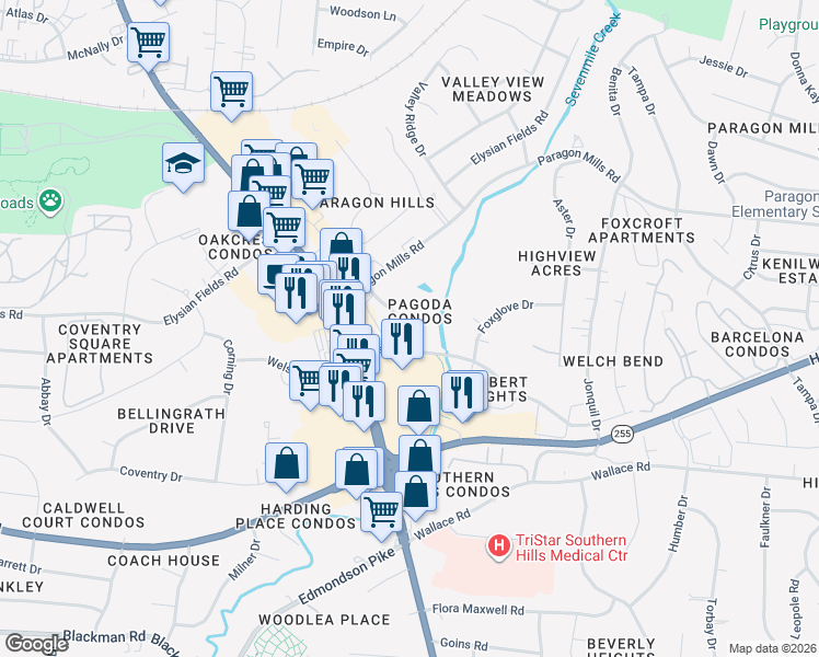 map of restaurants, bars, coffee shops, grocery stores, and more near 4029 Travis Drive in Nashville