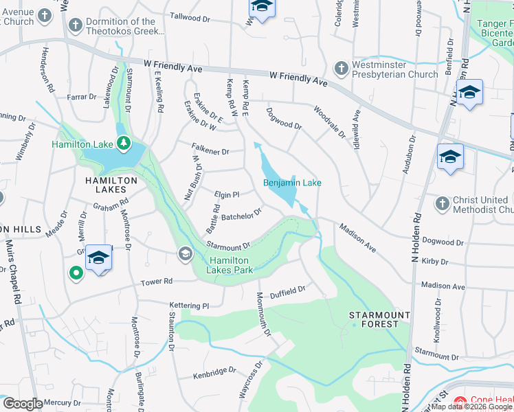 map of restaurants, bars, coffee shops, grocery stores, and more near 201 Kemp Road West in Greensboro