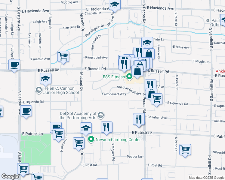map of restaurants, bars, coffee shops, grocery stores, and more near 3181 Shadow Bluff Avenue in Las Vegas